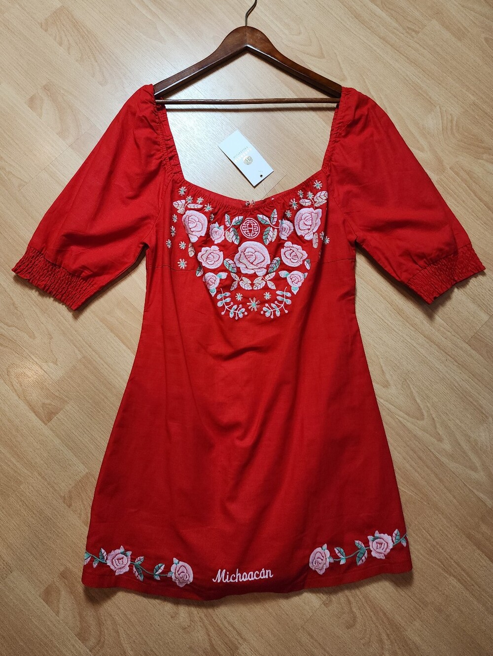 NWT Herencia Collection Linen Cotton Blend Red Embroidered Dress Michaacan XL